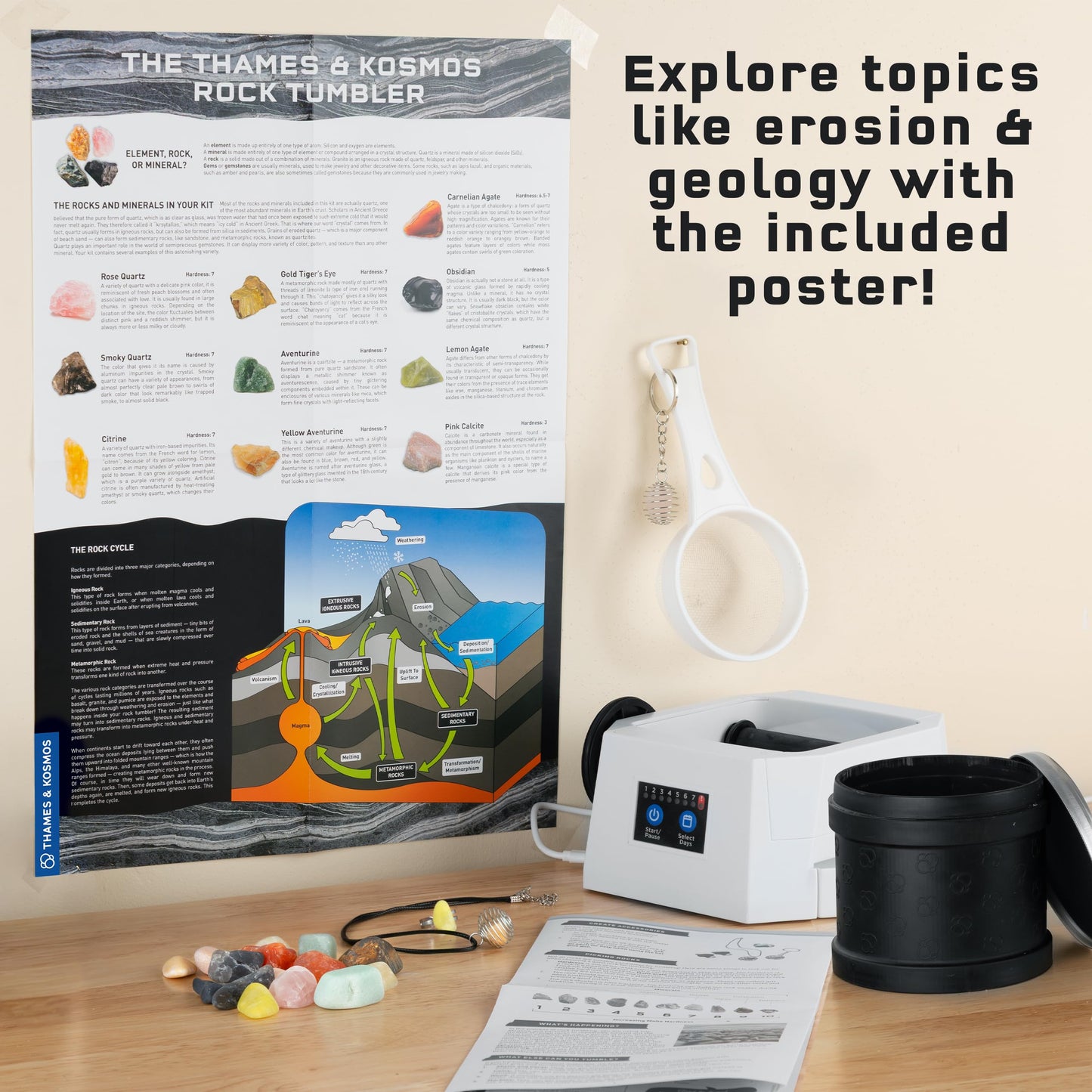 The Thames & Kosmos Rock Tumbler Essential STEM Tool | Durable, Leak-Proof, Noise-Reducing Barrel, Built-in Timer | Polish & Shine Kids Rock Collections, Includes Authentic Specimens & Polishing Grits