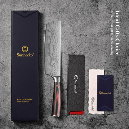 Sunnecko Japanese Nakiri Knife 7 Inch - 15° Edge Carbon Steel Chef Knife Full Tang Forged Blade Vegetable Cleaver with Sheath, Kitchen Gift for Home Cooks & Pros, Father's Day Box