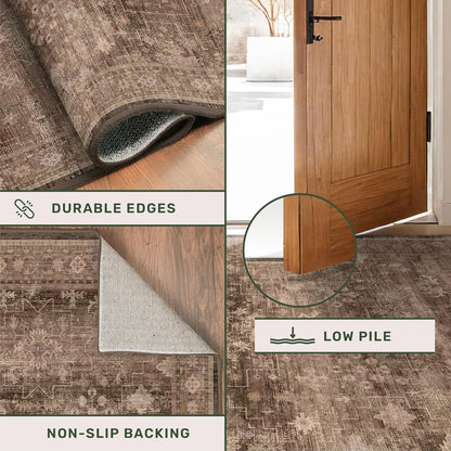 Boho Taupe Brown 3x5 Area Rug - Washable Low Pile Non-Slip Design for Entryway, Kitchen & Laundry