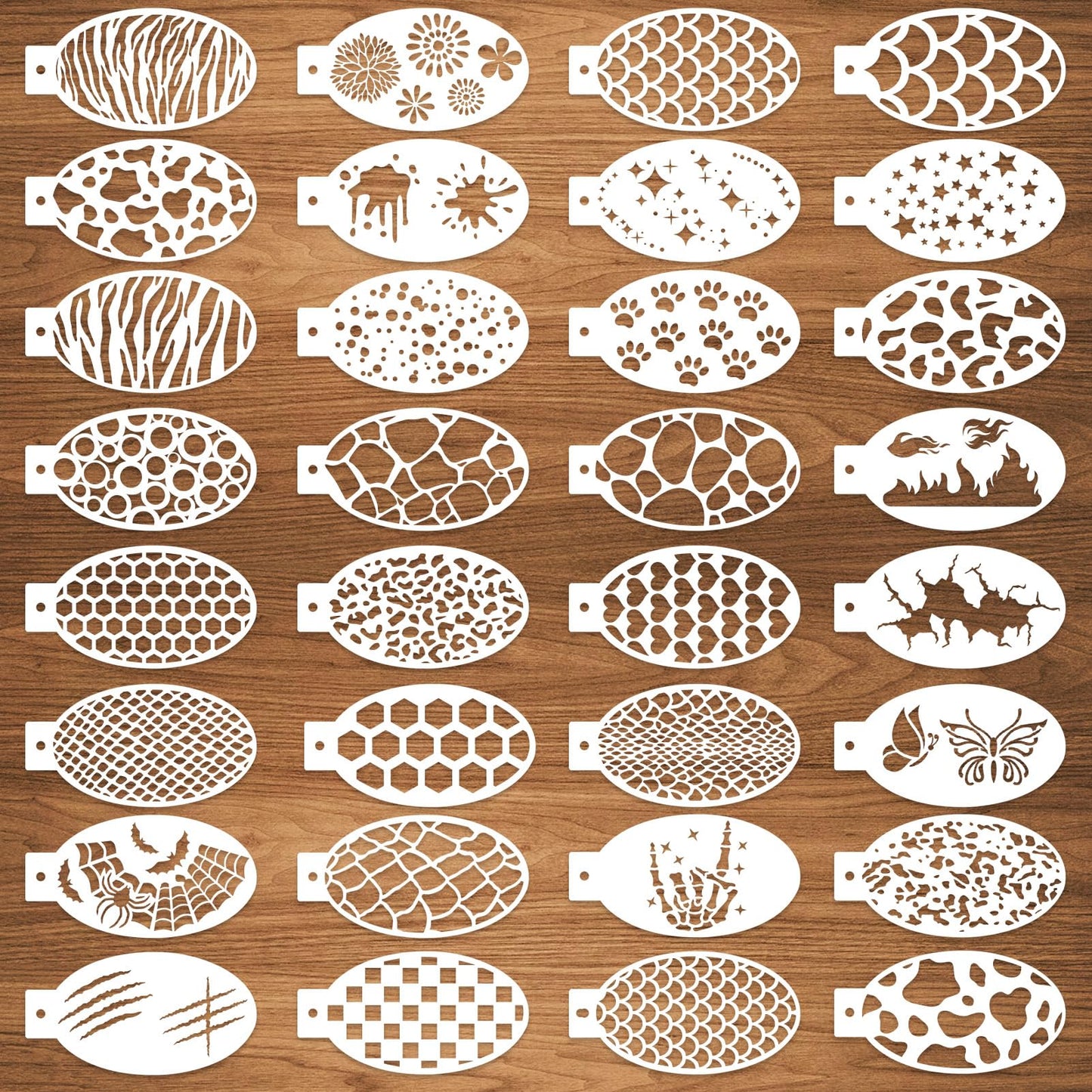 32 Pcs Halloween Face Painting Stencils 3"x5.5", Body Facial Painting Stencils, Reusable Mermaid Scale Leopard Cracks Claw Stencils Makeup Kit Face Tracing Stencils for Holiday Halloween Party