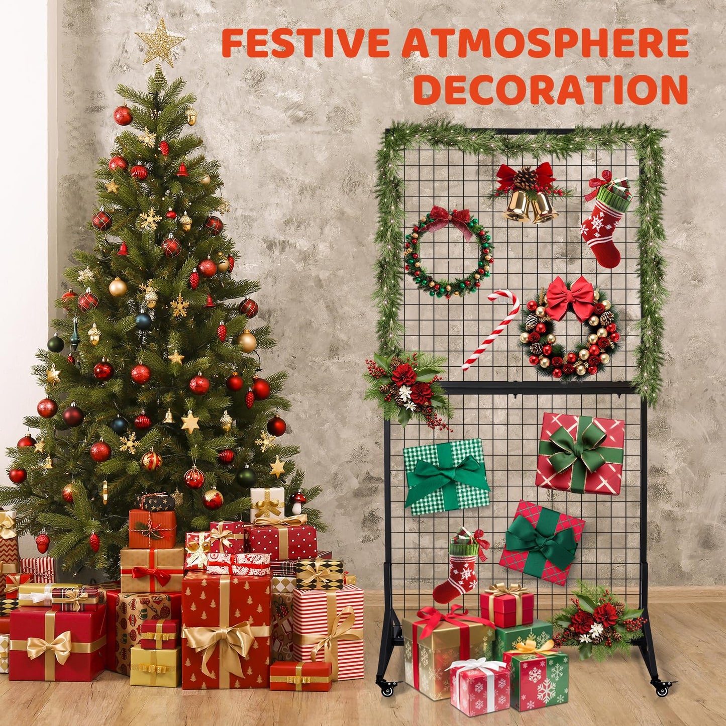 2 Packs 3' x 6' Grid Wall Panels Display Stand with Wheels, Heavy Duty Wire Grid Wall Rack for Retail, Craft Fairs & Art Shows, Mobile Floor Standing Fixture with 20 Hooks, Black