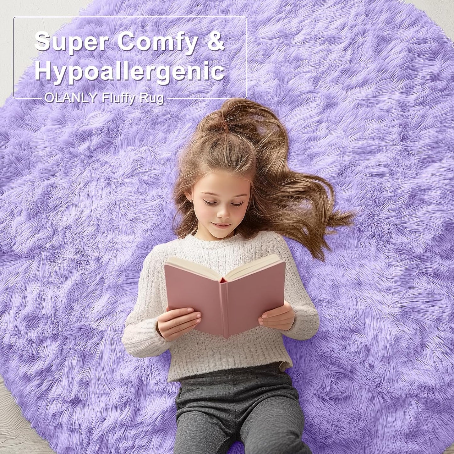 OLANLY Round Light Purple Area Rug - Soft, Fluffy, Machine Washable 4 ft Carpet for Bedrooms & Nurseries