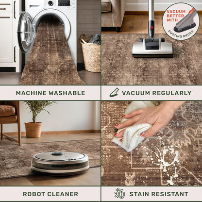 Boho Taupe Brown 3x5 Area Rug - Washable Low Pile Non-Slip Design for Entryway, Kitchen & Laundry
