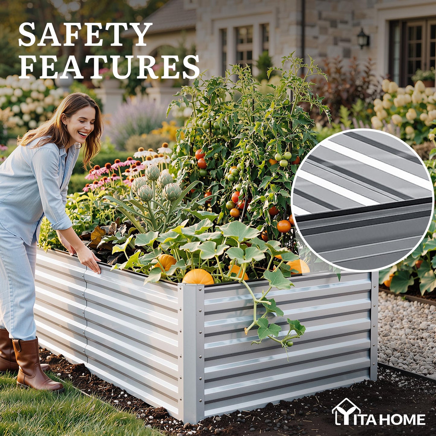 YITAHOME 8x4x2 ft 4pcs Galvanized Raised Garden Bed Kit, Large Metal Planter Box with Gloves, Safety Rubber & Support Rod, Outdoor Flower Bed for Plants Vegetables, Silver