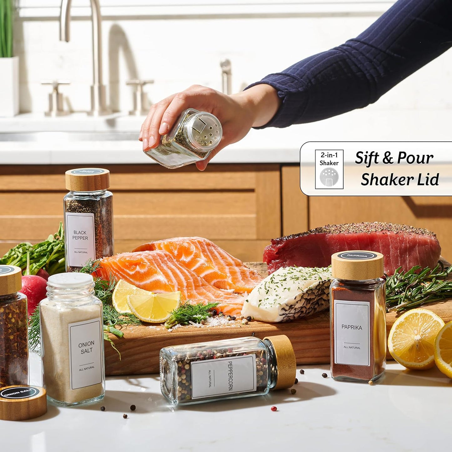 24-Piece Set Spice Jars by Le'raze: Glass Jars with Bamboo Lids, Labels & Funnel, Airtight Kitchen Storage