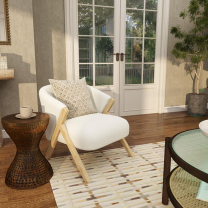 Deco 79 Polyester Living Room Accent Chair Rounded Boucle Side Chair with Angled Wooden Legs, Corner Chair 27" x 26" x 28", White