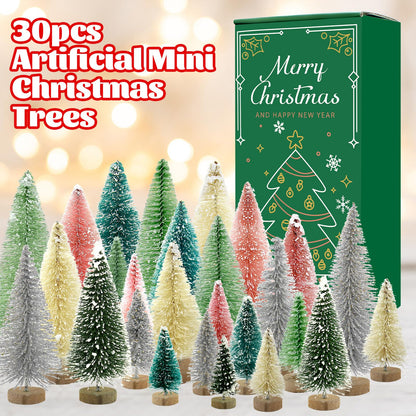 30 PCS Mini Bottle Brush Christmas Trees with Wood Base, Small Pine Tree Sisal Trees for Christmas Table Top Decor Winter Crafts Ornaments