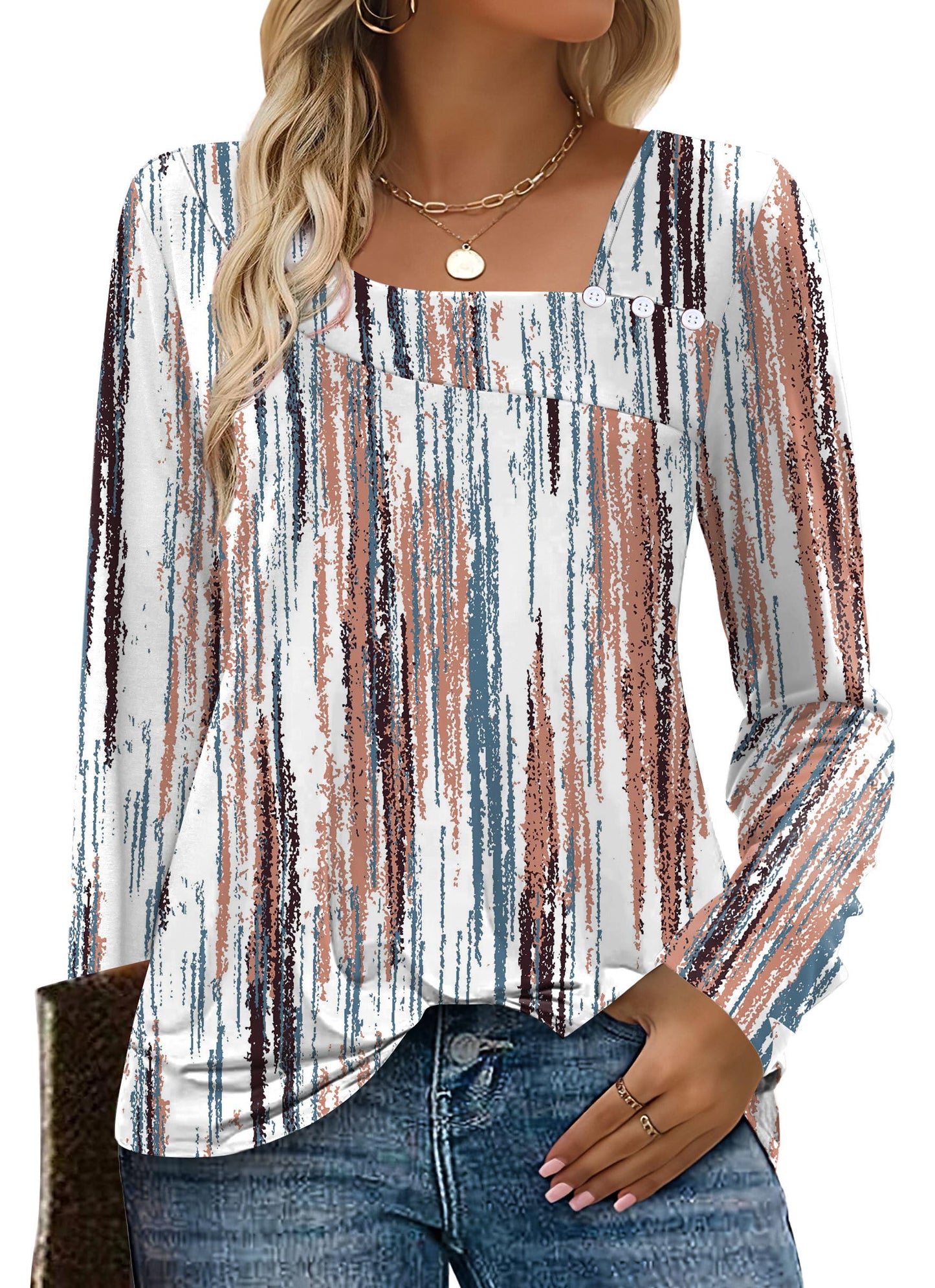 OFEEFAN Long Sleeve Shirts for Women Fall Clothes Asymmetric Square Neck Tunic Tops Decorative Buttons