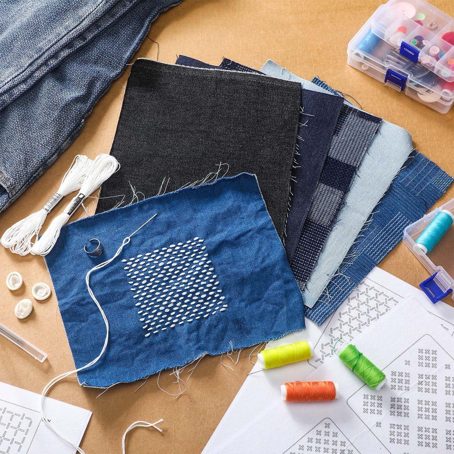 Hahafelt Sashiko Kit Sashiko Thread and Needles Thimble Denim Fabric Water Soluble Japanese Embroidery Kit for Beginners Hand Quilting and Mending, Sewing Supplies