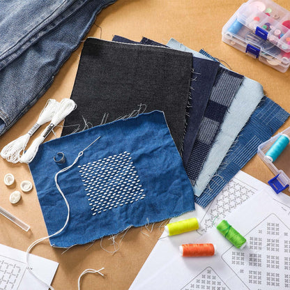 Hahafelt Sashiko Kit Sashiko Thread and Needles Thimble Denim Fabric Water Soluble Japanese Embroidery Kit for Beginners Hand Quilting and Mending, Sewing Supplies