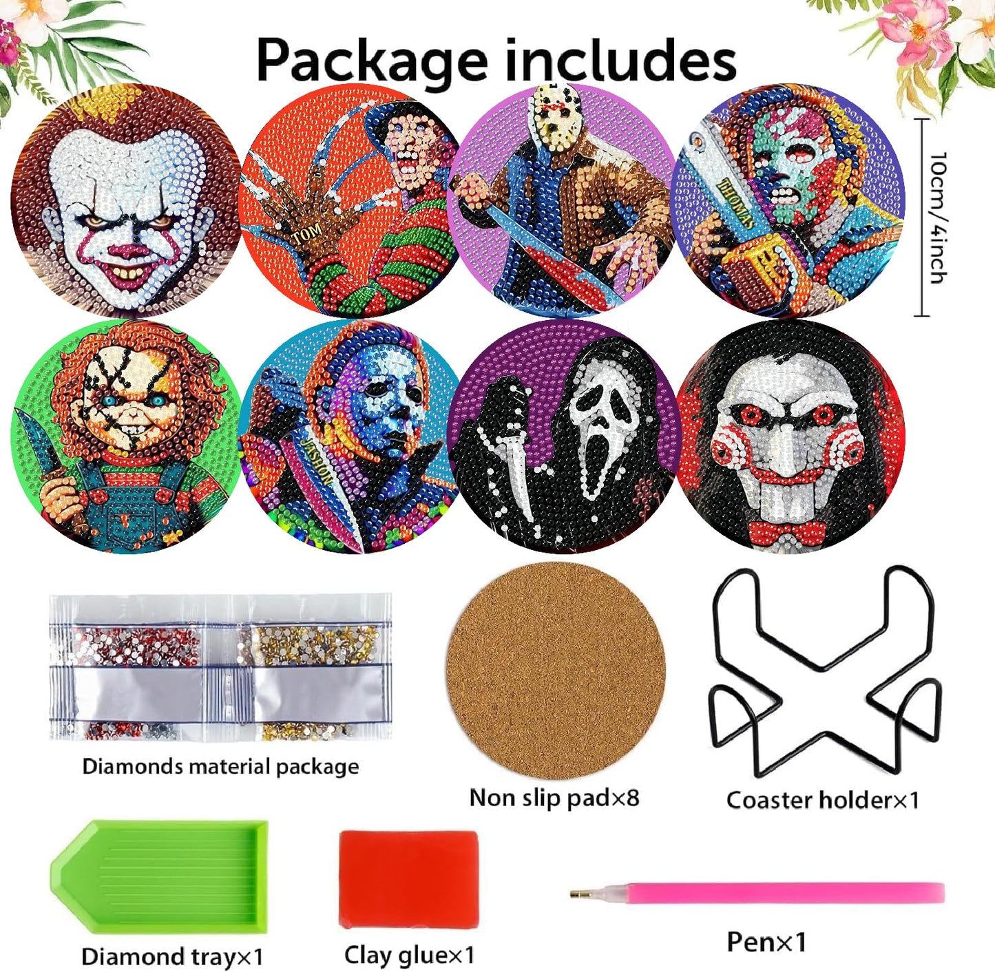 NEGEKFKX 8 Pcs Halloween Diamond Art Painting Coasters Kits,Horror Coaster with Holder for Adults, Non-Slip DIY Dot Paint Craft Kits,5D Full Drill DIY Diamond Dot Gem Art Kit Home Decor Arts Craft