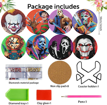 NEGEKFKX 8 Pcs Halloween Diamond Art Painting Coasters Kits,Horror Coaster with Holder for Adults, Non-Slip DIY Dot Paint Craft Kits,5D Full Drill DIY Diamond Dot Gem Art Kit Home Decor Arts Craft