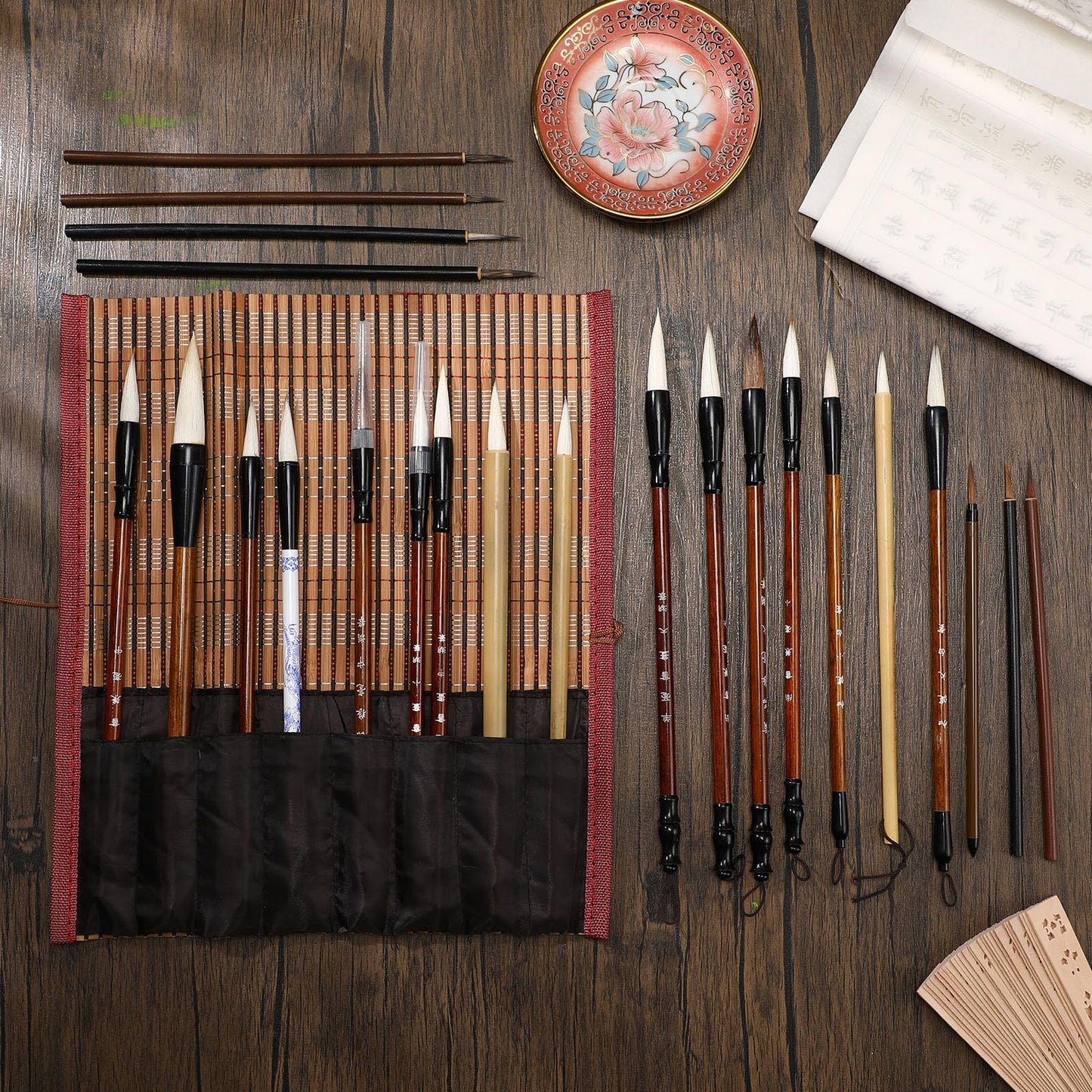 Resurhang 24 Pcs Chinese Calligraphy Brush Set Watercolor Brushes Bulk with Roll up Bamboo Brush Holder Writing Drawing Brushes for Kanji, Japanese Sumi, Drawing, Writing, Painting, Art Supplies