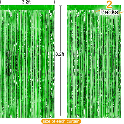 CHRORINE 2pcs 3ft x 8.3ft Green Tinsel Foil Fringe Curtains, Streamers Backdrop for Birthday Jungle Safari Party