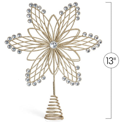 Ornativity Jewel Flower Tree Topper - Gold Glitter Sparkling Metal Wire Star Flower Topper with Sparkly Gem Jewel Finish Holiday Christmas Tree Top Decor Xmas Ornament Decoration