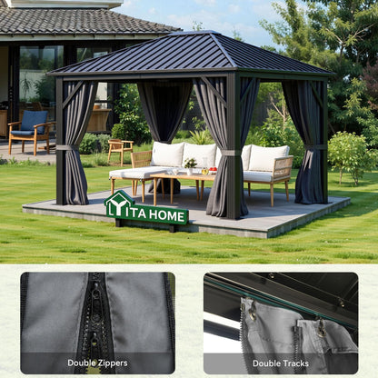 YITAHOME 10X12FT Single Hardtop Metal Gazebo Top Outdoor Patio Canopy Galvanized Iron Aluminum Column Garden Tent Curtains Netting for Backyards Decks Lawns,Gray