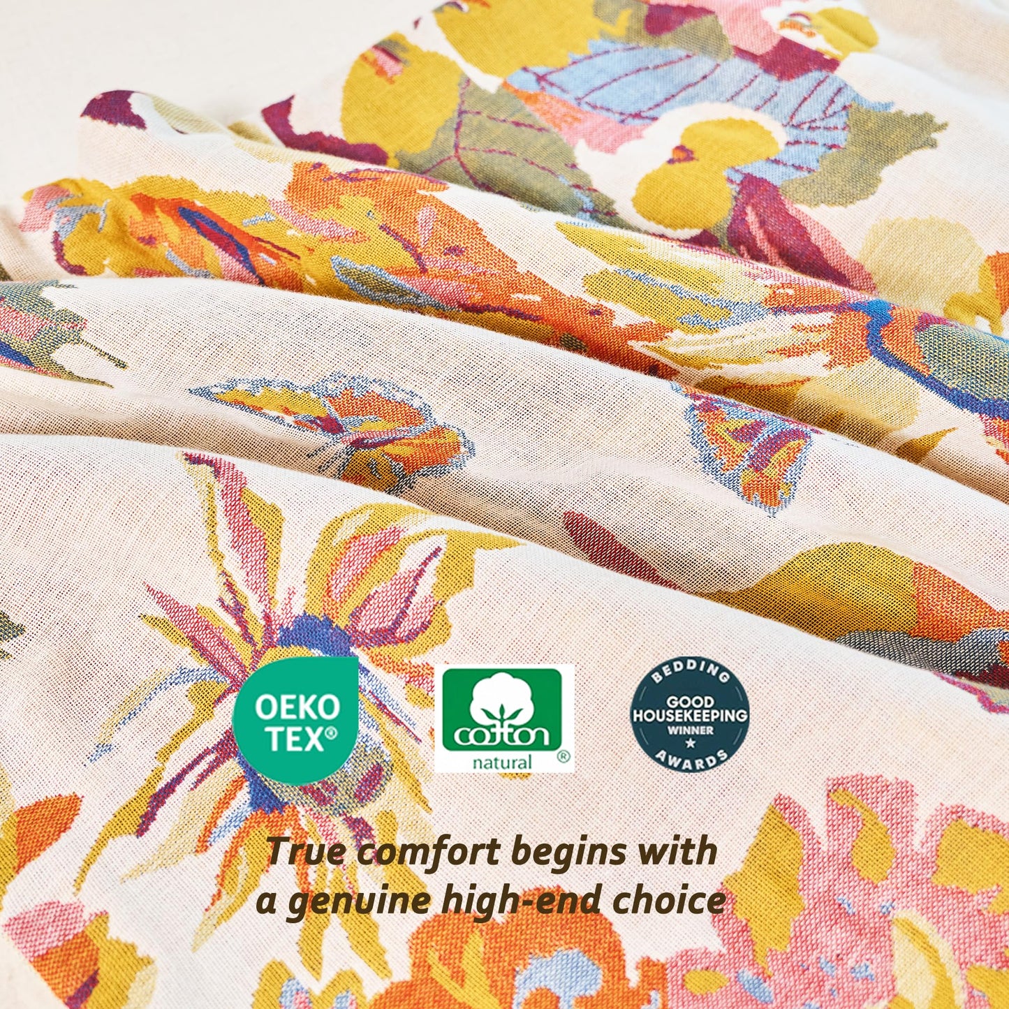 VANJOROY 100% Organic Washed Cotton Queen Pillowcases for Skin-Friendly Set of 2-1000 Thread Thick Count 20x30 Inches Luxury Boho Pillow Cases, Muslin Bird Floral Pattern Pillow Cover -Beige