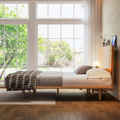 KEIKI King Size Bamboo Platform Bed with Headboard and USB Ports, Mid-Century Modern Floating Bed Frame with Solid Support Slats, No Box Spring Needed, Easy Assembly, Noise Free, for Bedroom, Natural