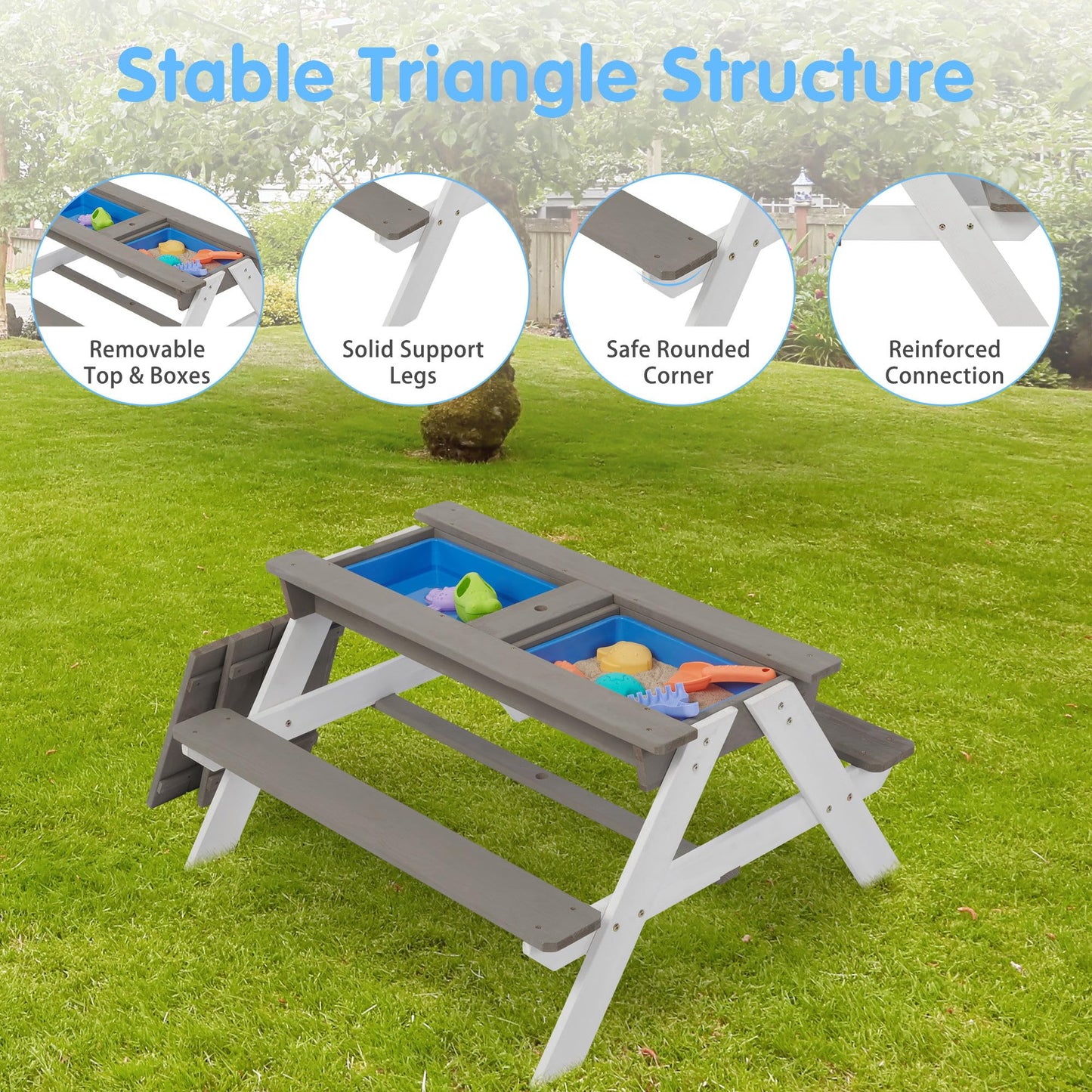 WEALTHGIRL 3-in-1 Kids Outdoor Wooden Picnic Table with Adjustable 43" Umbrella, Convertible Sand & Water Activity Center, Solid Cedar Wood Construction, Spacious Seating for Four