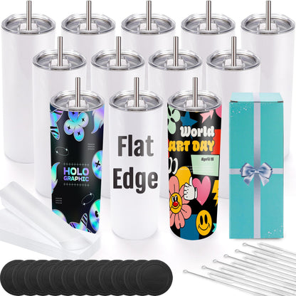 12 Pack Sublimation Tumblers 20 oz Bulk Blank Tumblers Skinny Straight Flat Bottom Cups White with Lid and Straw