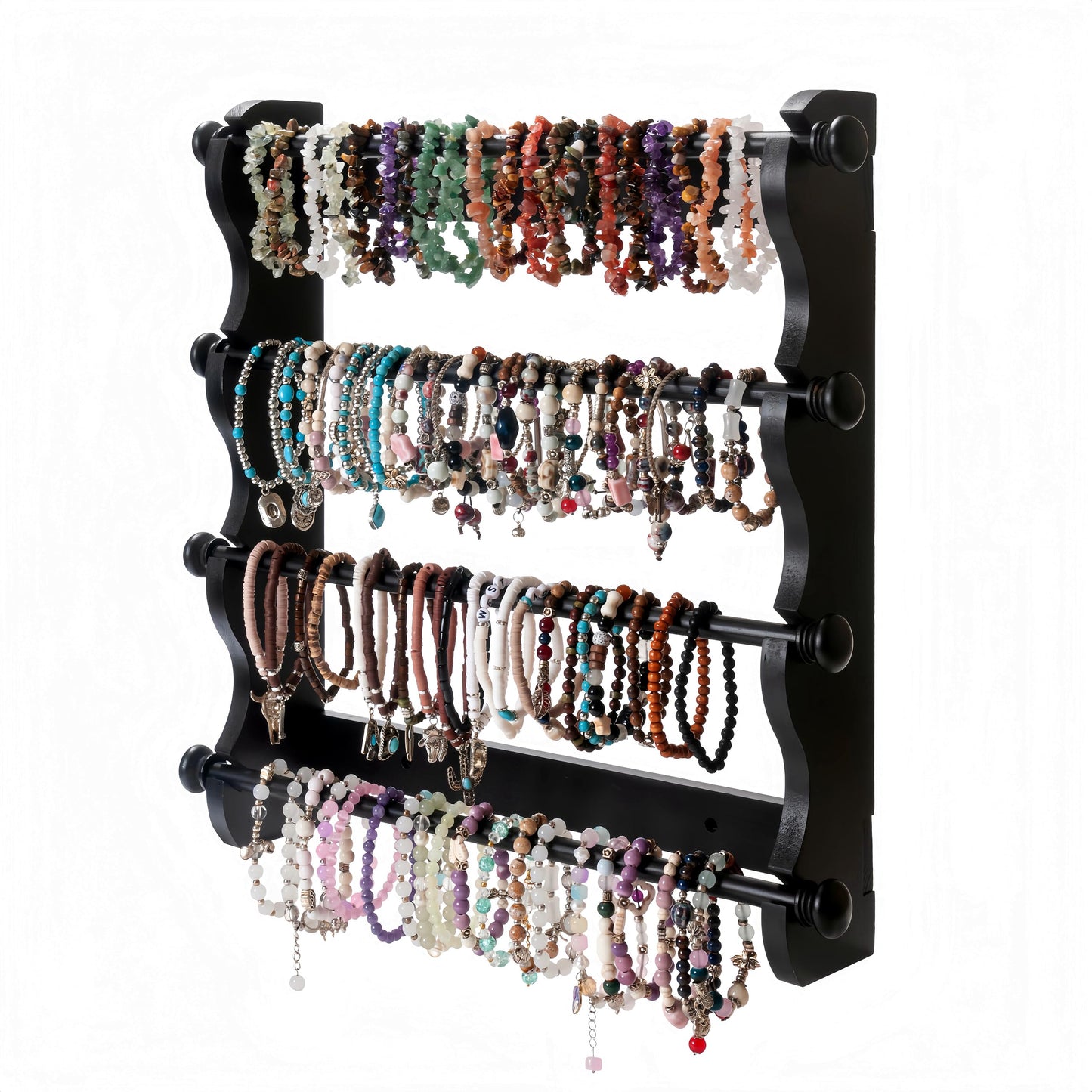 4-Tier Wooden Bracelet Holder Wall-Mounted – Black Jewelry Display Stand for Bracelets, Bangles, Watches– Rustic Wall Jewelry Organizer for Home, Store, or Craft Show – Bracelet Display Rack