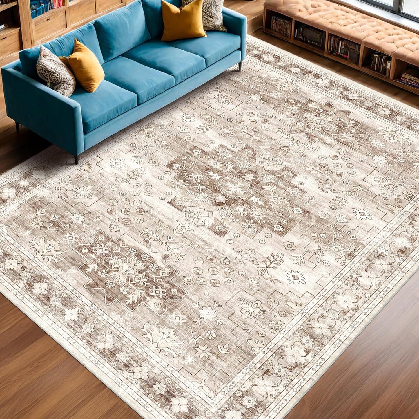 Skiennix Washable Area Rug - Large 8x10 Boho Vintage Floral Design | Stain Resistant & Non-Slip (Beige/Latte)