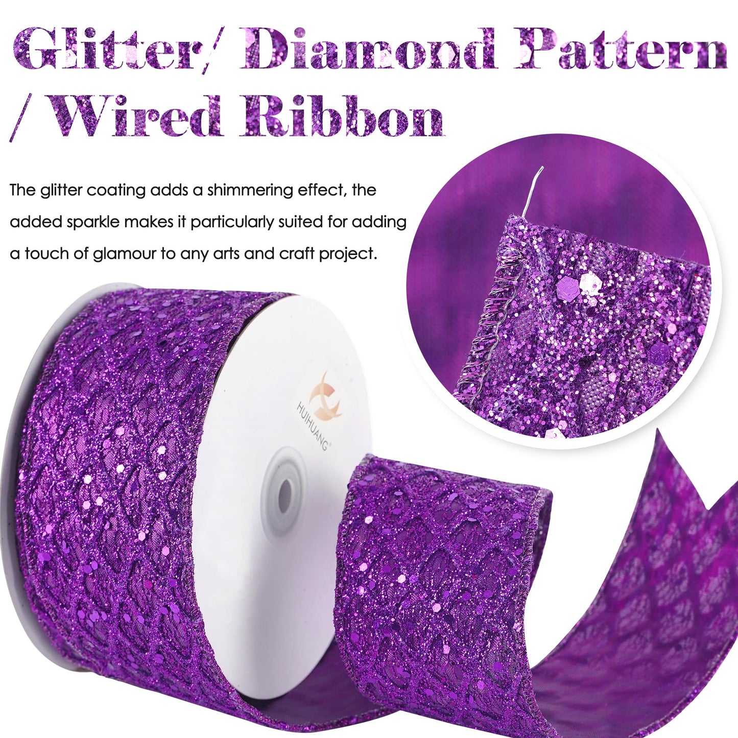 HUIHUANG Purple Wired Ribbon for Christmas Tree 2.5 inch Purple Glitter Diamond Mesh Ribbon for Tree Decoration, Wreaths, Garland, Gift Wrapping, Large Bows Making, Halloween Decor -10 Yards