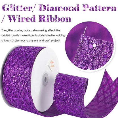 HUIHUANG Purple Wired Ribbon for Christmas Tree 2.5 inch Purple Glitter Diamond Mesh Ribbon for Tree Decoration, Wreaths, Garland, Gift Wrapping, Large Bows Making, Halloween Decor -10 Yards