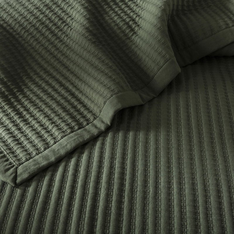 WDCOZY Olive Green Queen Size Quilt Set, Striped Pick Stitch Lightweight Bedspread, Soft Channel Farmhouse Rustic Coverlet, Spring Summer Thin Comforter, Country Bedding, 90x90 inches