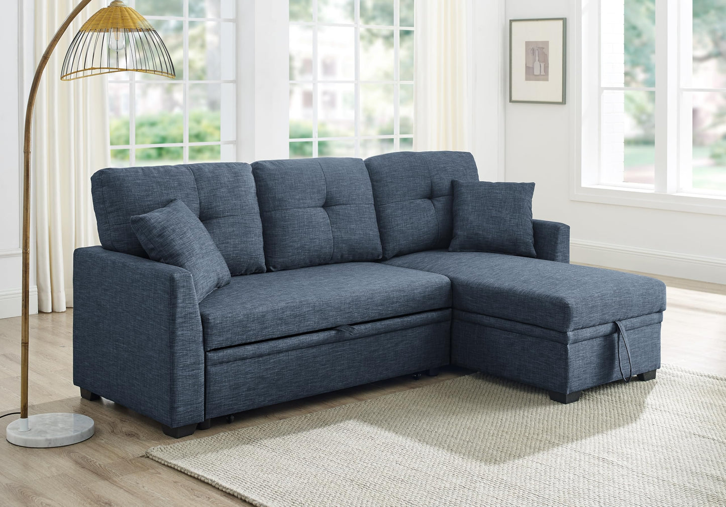 Ball & Cast 85" Convertible Sleeper Sofa Bed,Small Corner Sofa Sectional Couches for Living Room,Upholstered L Shaped Pull Out Couch Bed with Reversible Storage Chaise,Blue