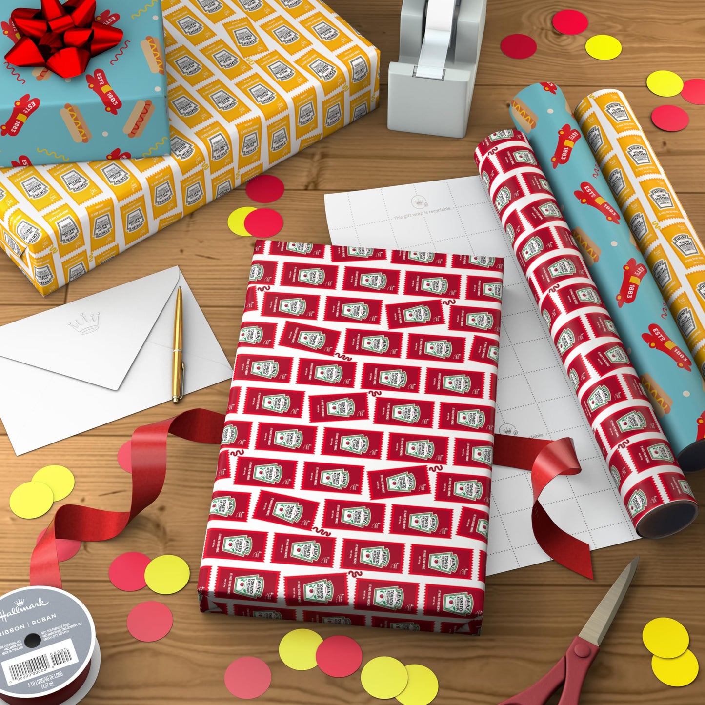 Hallmark Heinz Wrapping Paper Mini Rolls, 3-Pack (Ketchup, Mustard, Hotdogs, Wienermobile) for Birthdays, Graduations, Father's Day, Celebrations, Any Occasion - 45 Sq. Ft. Total