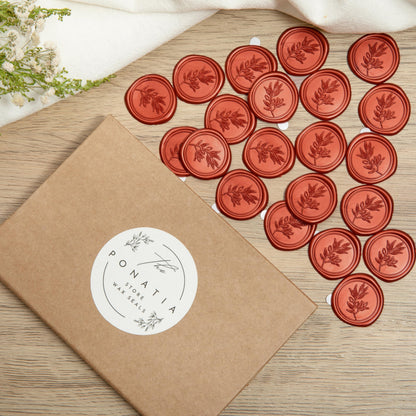 PONATIA 50PCS Terracotta Orange Wax Seal Stickers - Eucalyptus Design Self- Adhesive Stickers Perfect for Wedding Invitation, Envelopes, Christmas Cards, Menu, Vellum Jackets Decoraction