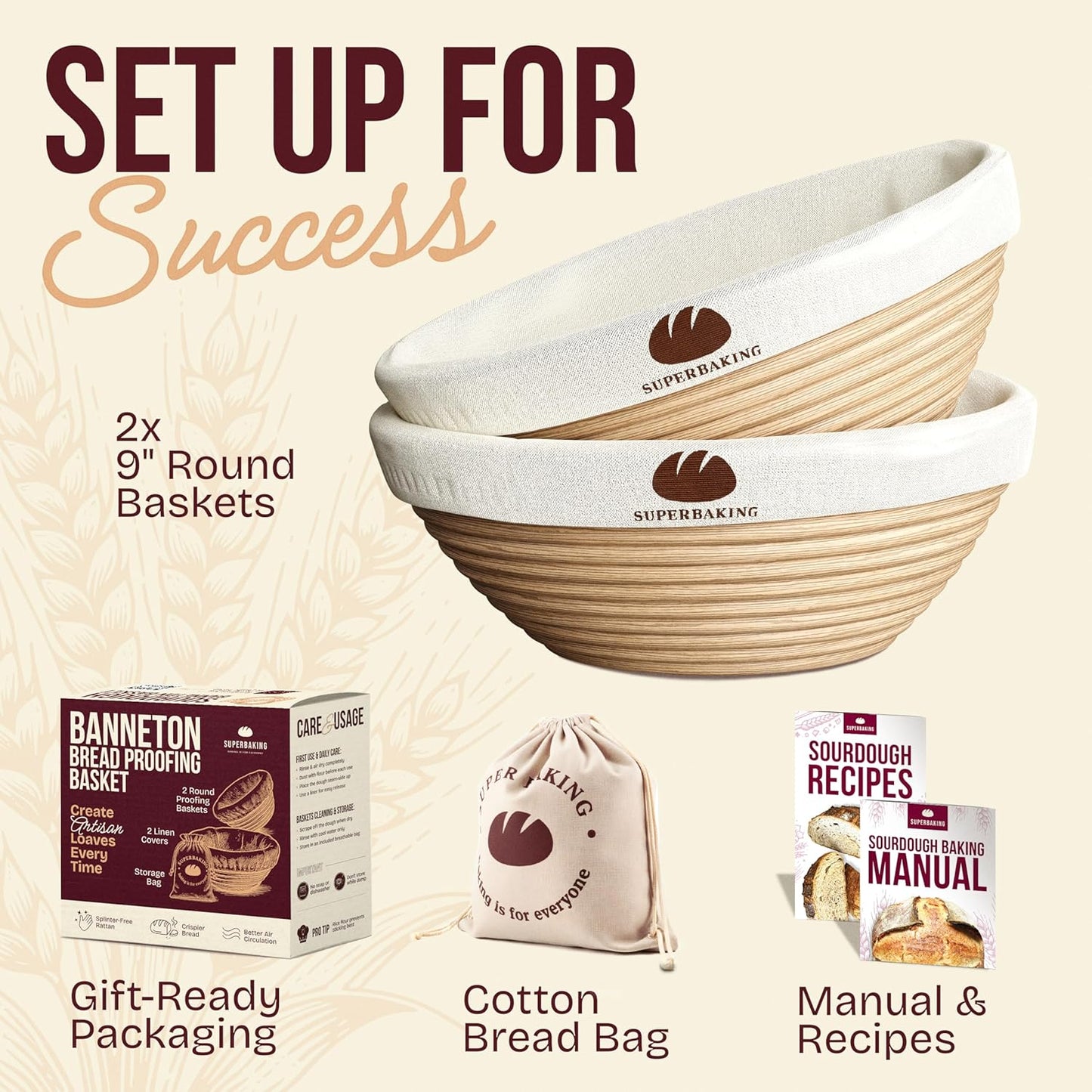2 9" Superbaking pcs Banneton Bread Proofing Basket, Splinter-Free Round Rattan Bread Basket with Liners, Sourdough