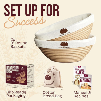 Superbaking Banneton Bread Proofing Basket Set - 9" Round Rattan with Liners for Sourdough Baking