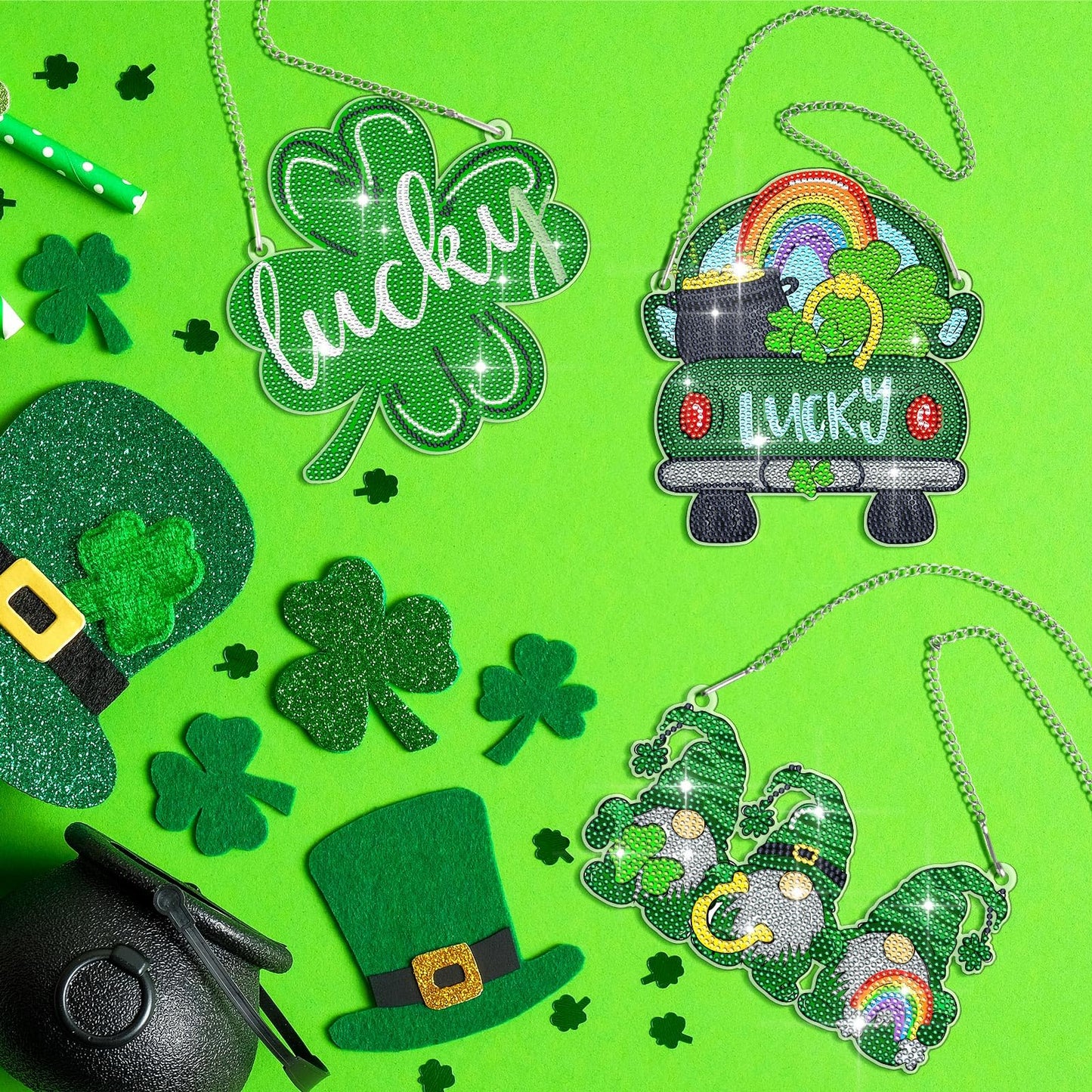 Burbell 3Pcs St. Patrick's Day Diamond Painting Kit Patrick's Green Lucky Shamrock Gnome Truck Diamond Art Kits Hanging Sign 5d DIY Irish Rhinestone Art Painting for Wall Windows Door