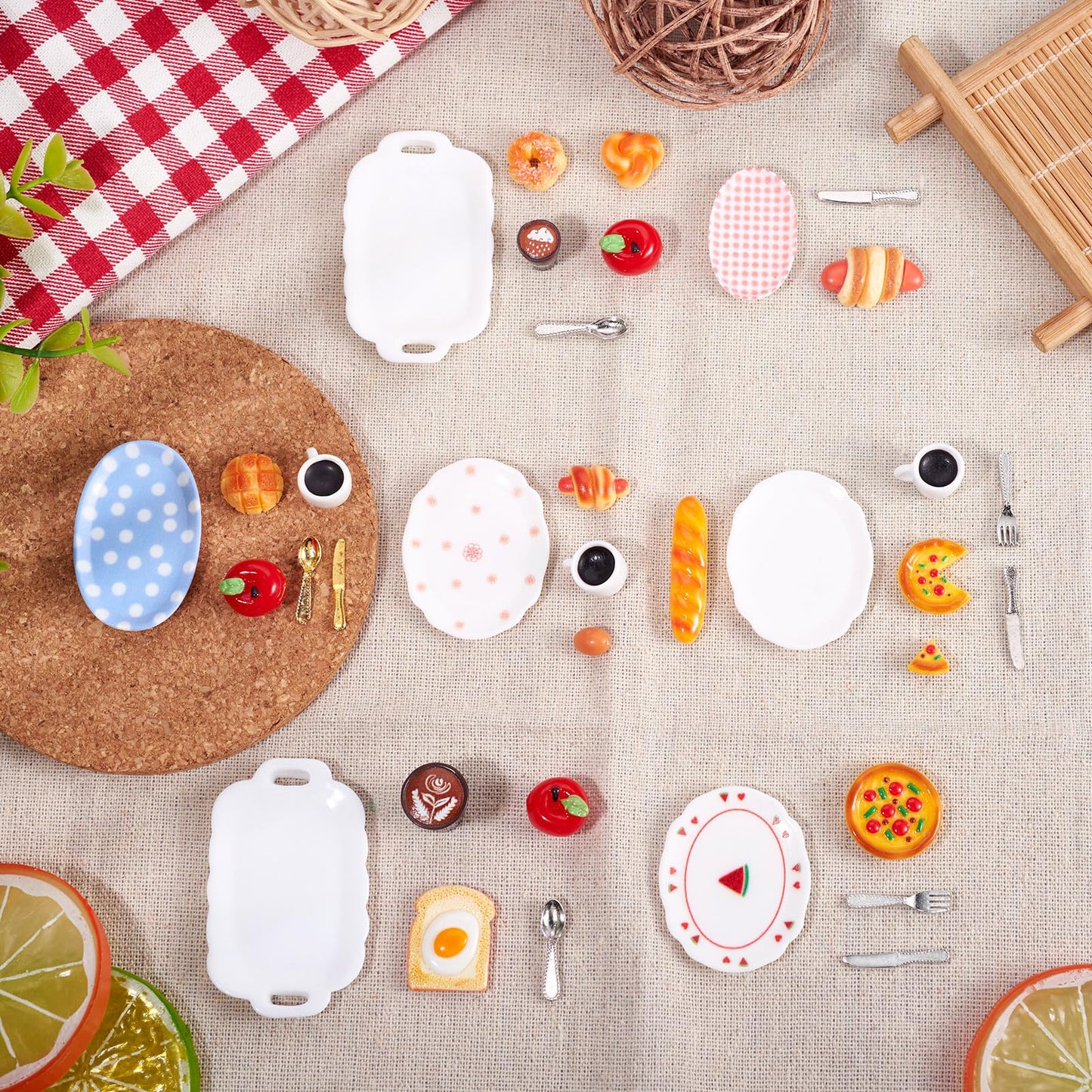 Magibeads 7 Sets Miniature Breakfast Decorations Kits Plates Food Drink Coffee Cup Bread Resin Mini Ornaments Micro Landscape Dollhouse Accessories Pretending Prop Decorations House Kitchen Home Decor