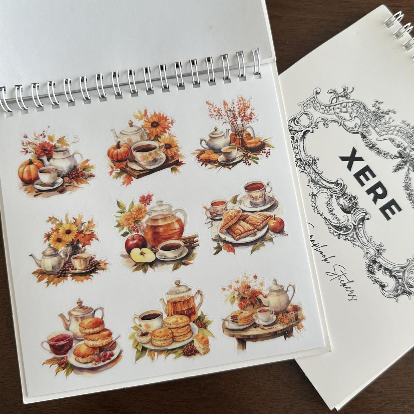 XERE 144 Pcs Tea Sets Four Seasons Sticker Book for Journaling Notebooks, Sketchbook, Bookmark Making, Junk Journal, Budget Planner, Scrapbook Art Supplies Stickers