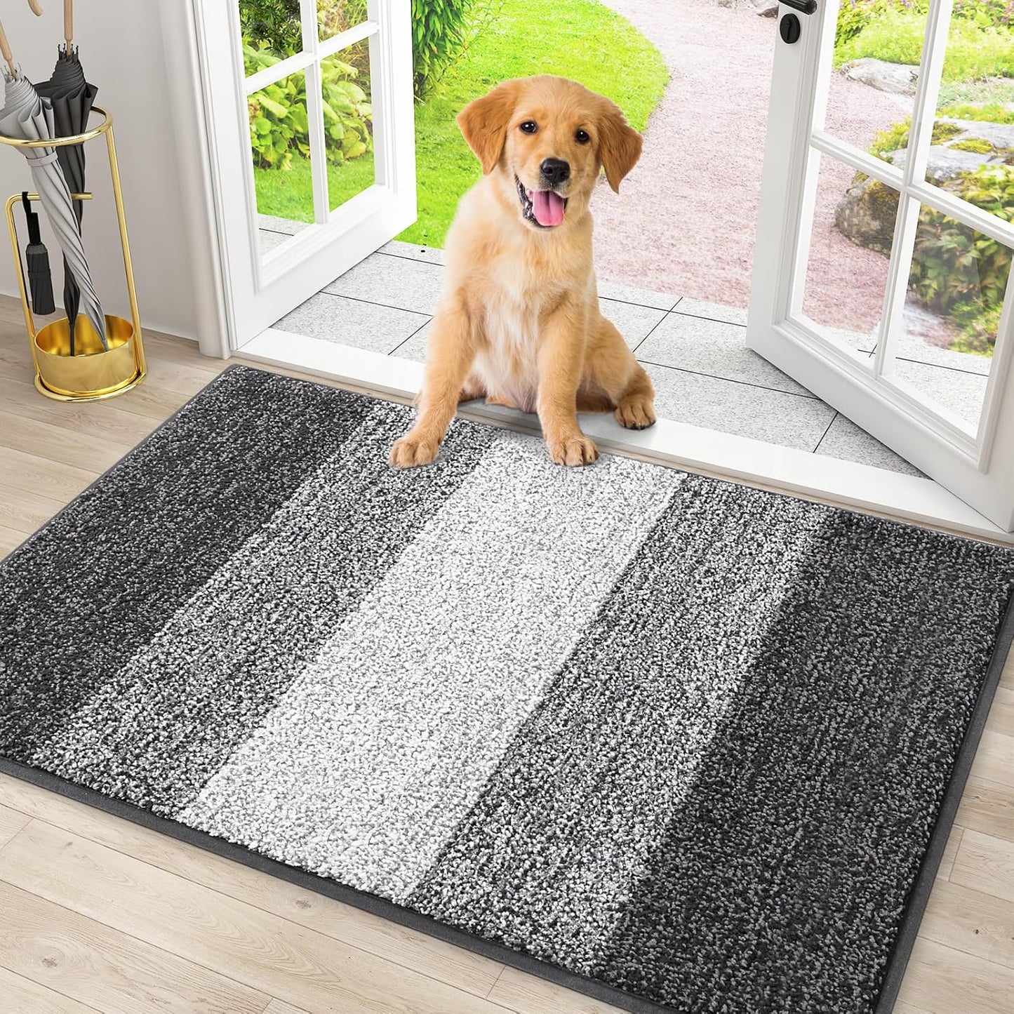 Smiry Dog Door Mat - Absorbent Indoor Outdoor Mat for Muddy Paws | Non-Slip, Low-Profile Design (30x20 Inches, Grey Striped)