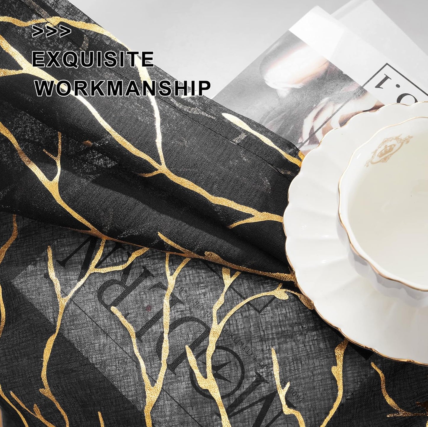 FINECITY Black Gold Sheer Curtains, Metallic Gold Foil Tree Branch, 63 Inch Length, Set of 2