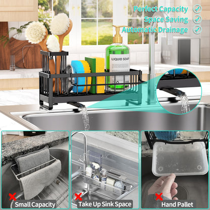 HapiRm Sponge Holder for Kitchen Sink - Self-draining Sink Caddy with Brush and Dishcloth Holders, Stainless Steel Kitchen Countertop Organizers and Storage Essentials - Black