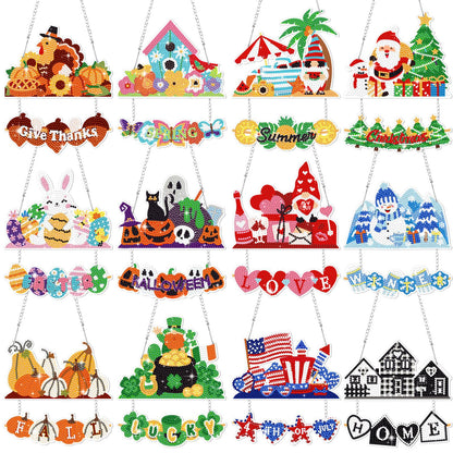 Cinnvoice 12 Pcs Seasonal Diamond Art Wreath Kits Holiday 5d DIY Diamond Painting Signs Germ Hanging Art Ornaments for Wall Door Decorations (Holiday)