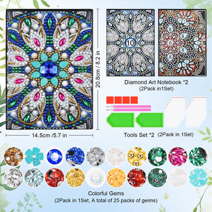 AUAUY 2Pack Boho Diamond Art Notebook, A5 Mandala Blank Notebook Craft Kits for Kids Age 6-8-9-10, Birthday Gifts for 5-12 Yrs Girls, 5D Diamond Art Painting Stationery Set Arts and Crafts