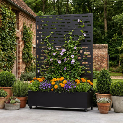 Wooakway 72" H Raised Garden Bed with Trellis and Wheels, Metal Privacy Screen Outdoor Planter Box for Patio, Backyard & Balcony, Large Capacity Mobile Vertical Planter for Climbing Plants, Black