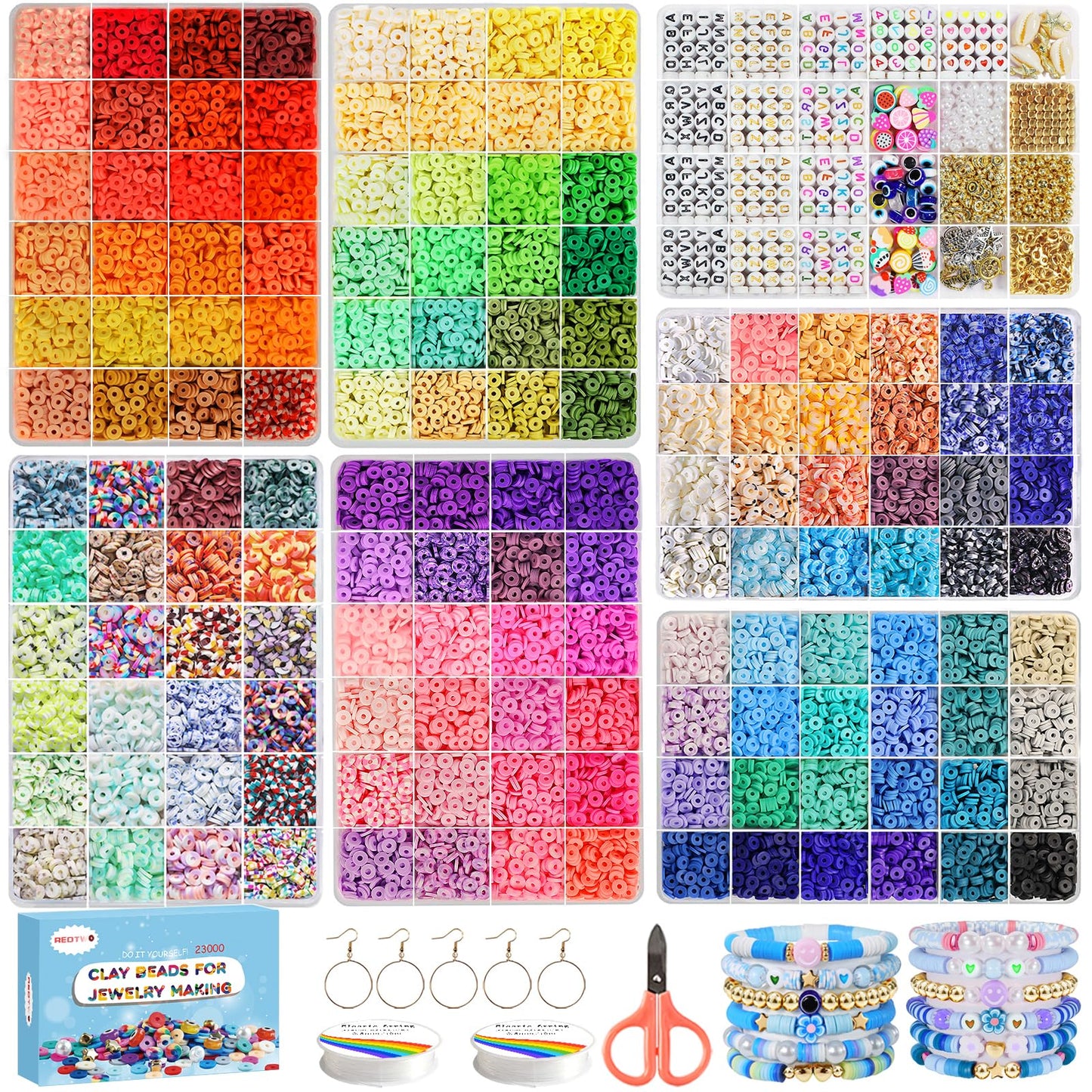 Redtwo 23000 Pcs Clay Beads Bracelet Making Kit, 144 Colors 7 Boxes Flat Polymer Heishi Beads Set for Friendship Jewelry Making with Pendant Charms Crafts Gifts for Girls Ages 6-12 Kids Adults