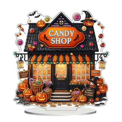 JJFox DIY 5D Tabletop Diamond Art Painting Kit， Desktop Ornament Special Shaped Rhinestone Desk Placement Ornament，Home Stand Up Gem Painting Craft Kit，Gift (Halloween Candy Shop)