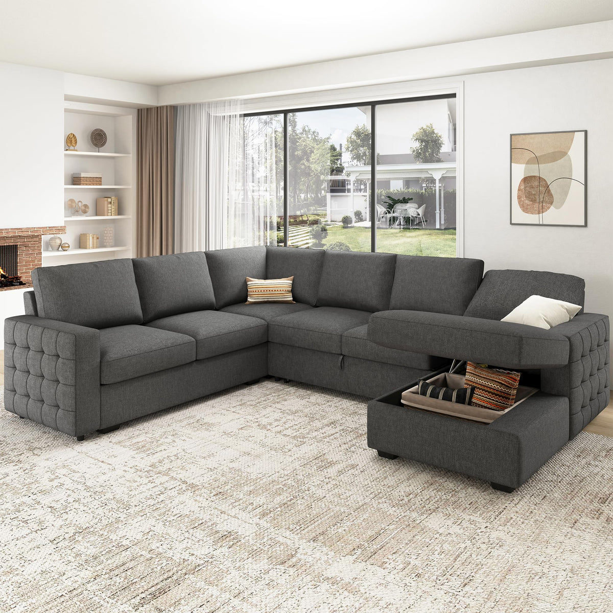 HONBAY Sectional Sleeper Sofa with Pull-Out Bed Storage Chaise, 6 Seaters Couch for Living Room, Light Grey