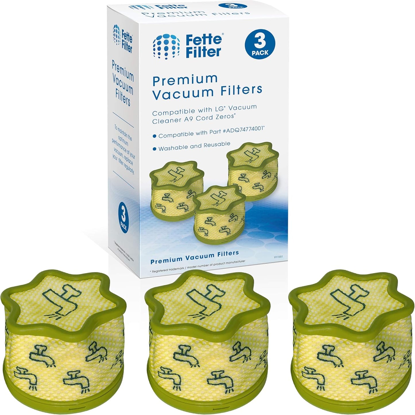 Fette Filter - A9 Premium Vacuum Replacement Pre Filter Compatible with LG Vacuum Cleaner (3 Pack)