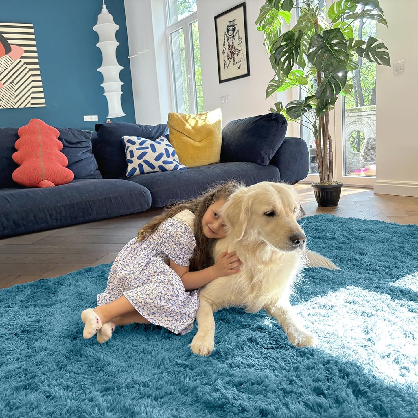 OLANLY Large 5x7 Machine Washable Area Rug - Soft Fluffy Shaggy Carpet for Living Room & Bedroom | Slate Blue