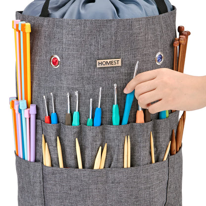 HOMEST Large Crochet Bag with Customized Front Compartment for Knitting Accessories, Yarn Storage with 6 Oversized Grommets, Tote Organizer with Drawstring Closure, Gray