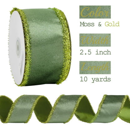 MEEDEE Moss Green Velvet Gold Tinsel Edge Ribbon 2.5 Inch Christmas Metallic 10 Yards Spool for Tree, Garlands, Wreaths, Bows, Tree Toppers, Crafts